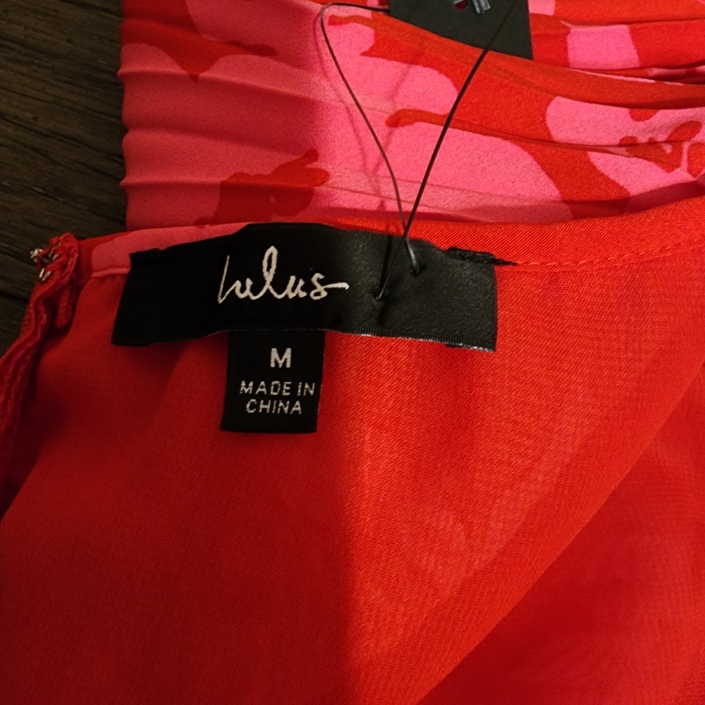 Lulu’s Vibrant Moment Floral Pleated Lace-Up Midi Dress NWT Red & Pink Med - Picture 11 of 13
